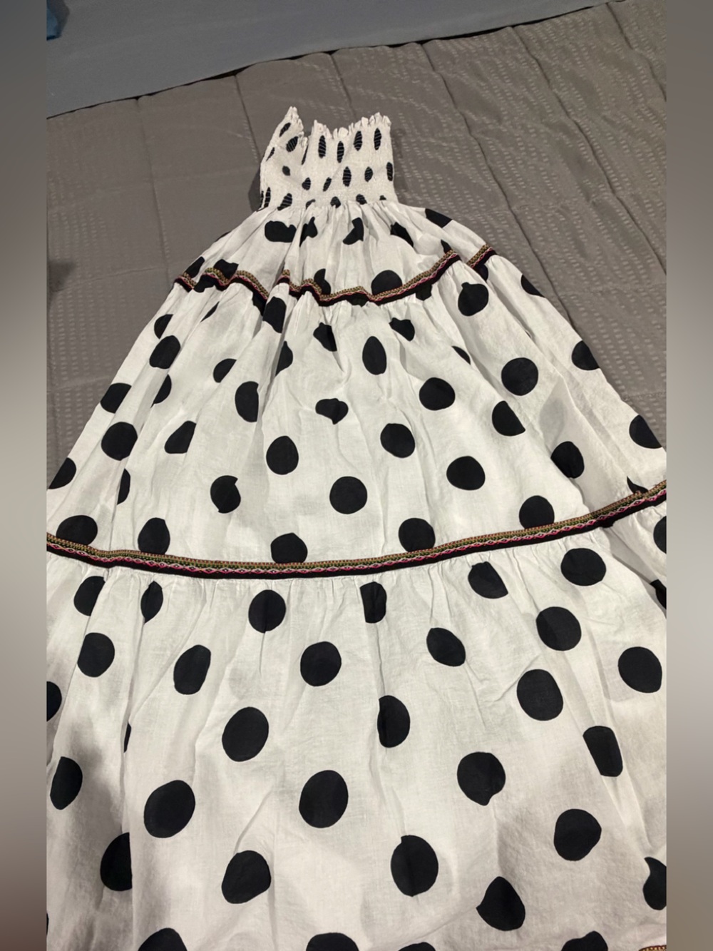 Pitusa White Skirt with Black Polka Dots and Embroidered Trim